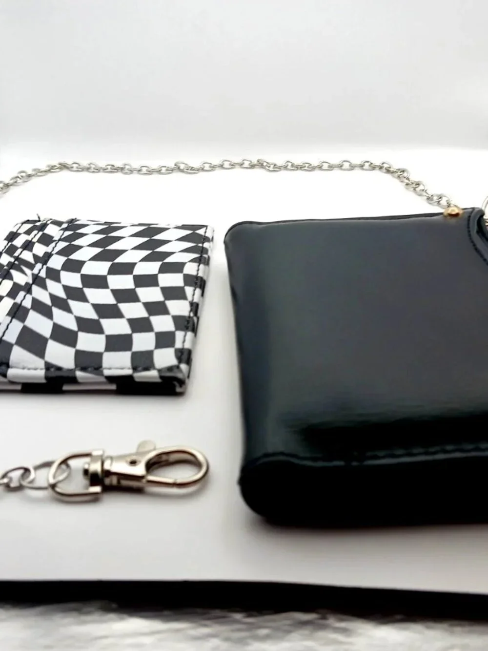 Black + White Skater Checkered Wallet with Removable Card Holder + Chain
